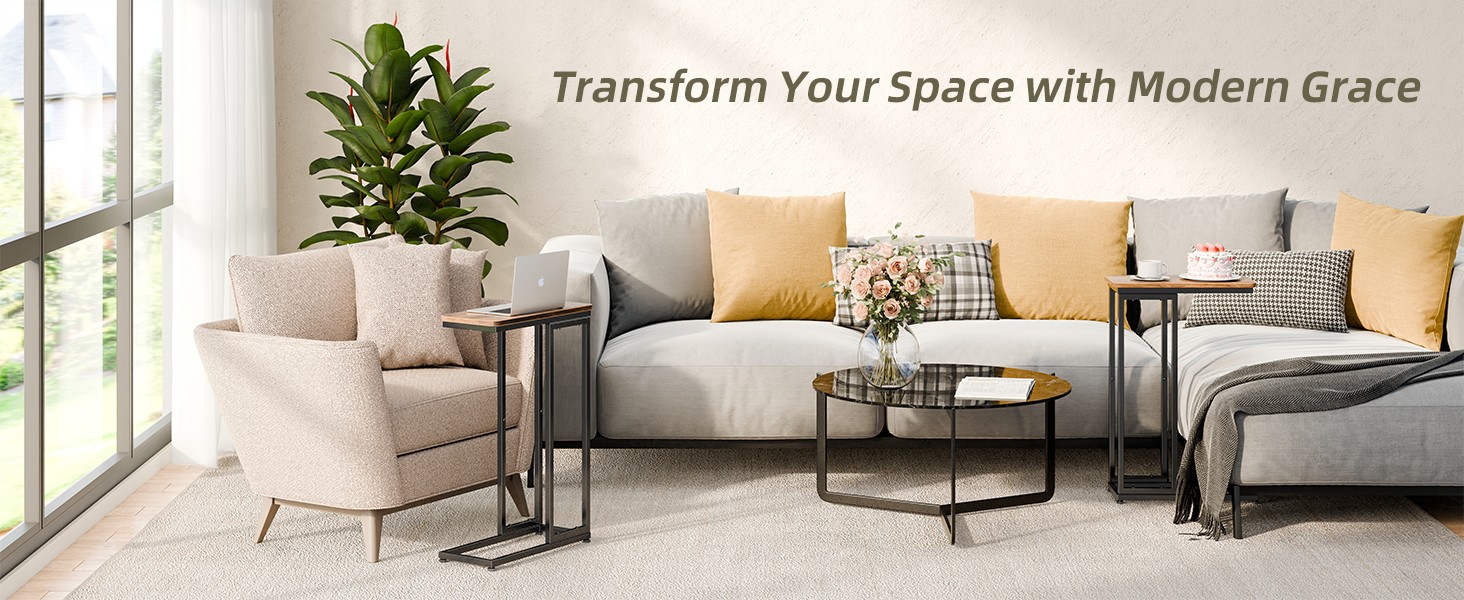 C Shaped Side Table, End Table Set of 2, Sofa Couch Table