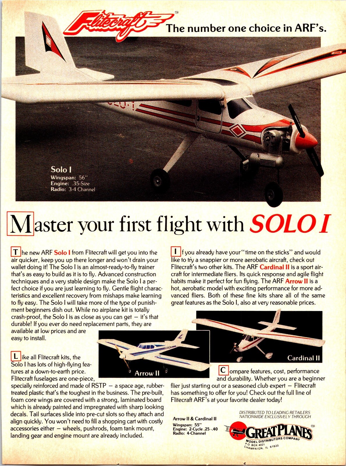 Flitecraft Solo 1 RC Airplane Print Ad Wall Art Decor Ephemera Arrow Cardinal II