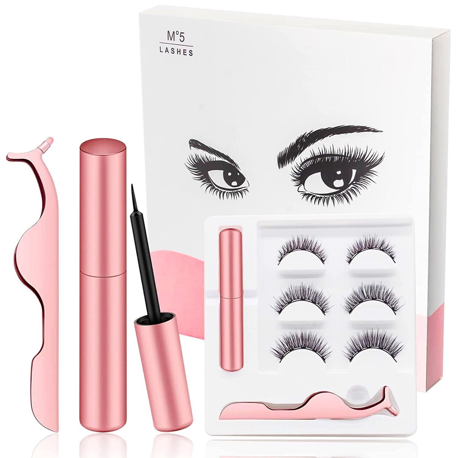 Magnetic Eyeliner Lashes Eyelashes 3 Pairs Kit Set False Tweezer Reusable Lash