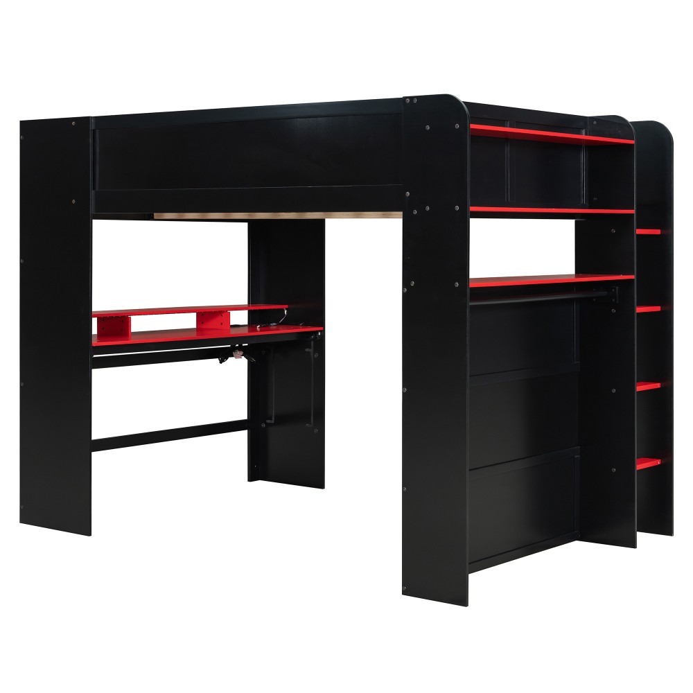 Full Size Bunk Bed with Desk, RGB Lights, Wardrobe, Storage for Gaming Setup