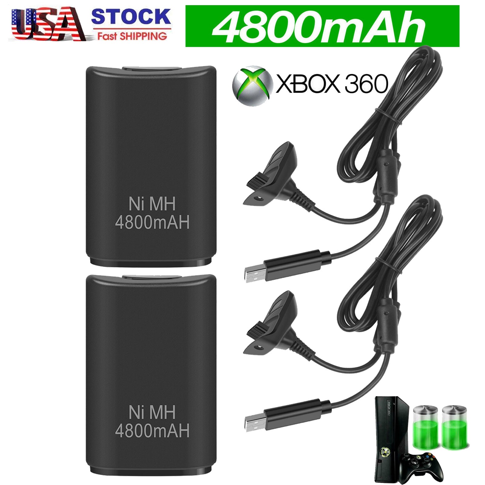 2x 4800mAh Battery Pack USB Charger Dock Cable For Microsoft Xbox 360 Controller