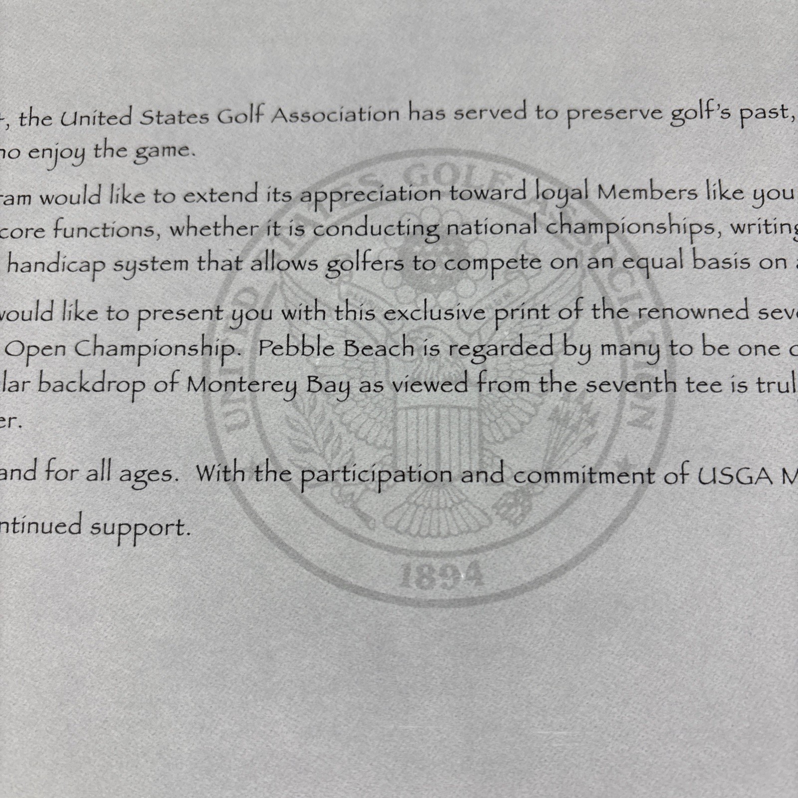 Letter & Print For USGA Members 7th Hole Pebble Beach 2010 US Open 10.5” x 5.5”