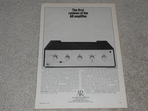 AR Amplifier Ad, 1968, Article, Specs, Info, 1 pg, RARE