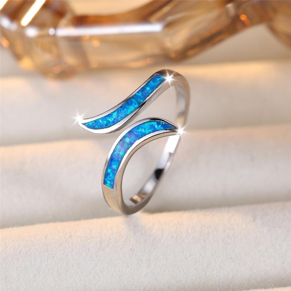 Luxury Blue Fire Opal Stone Ring Sterling Silver Wedding Unique Jewelry Gift