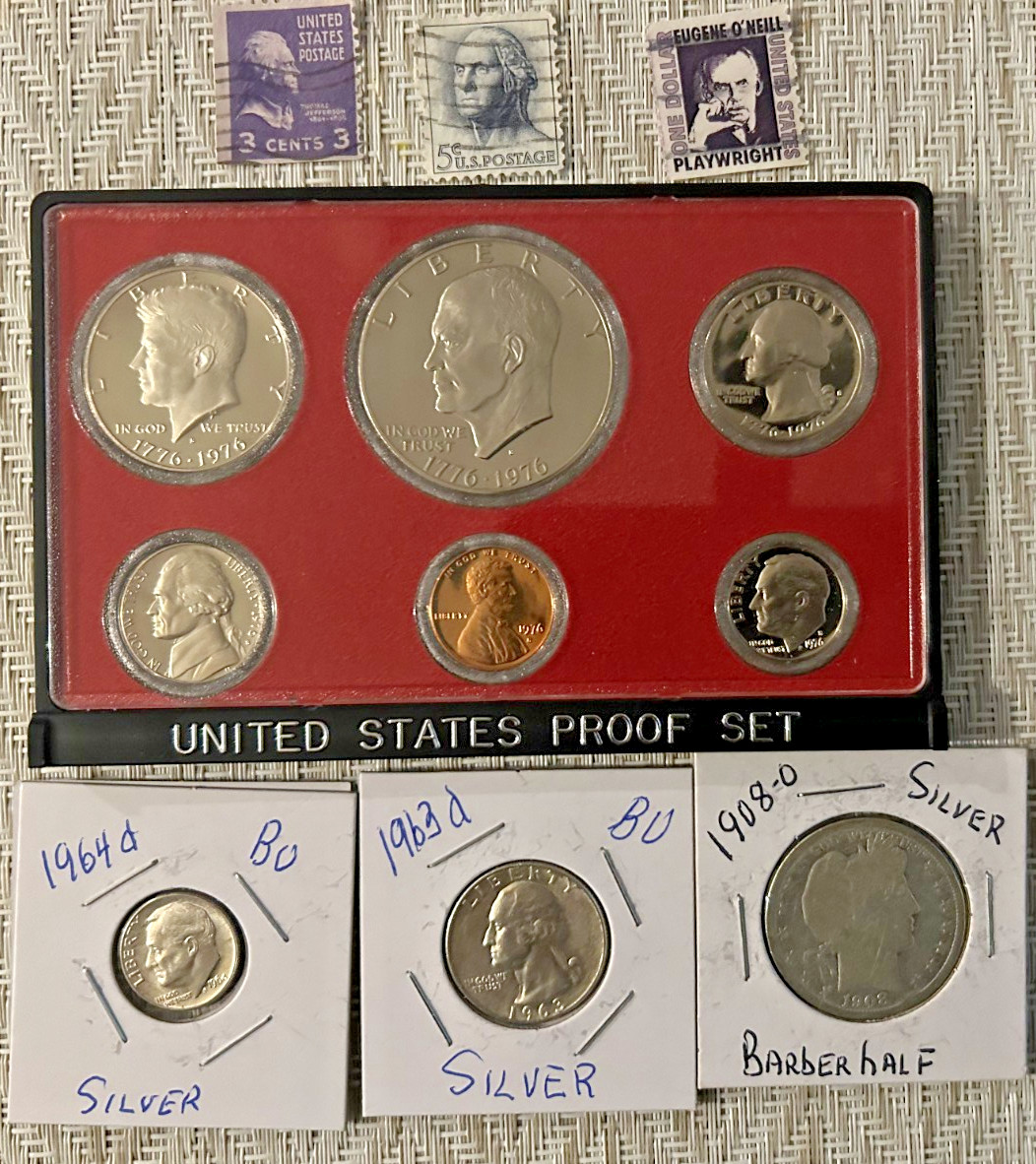 9 Coins Silver & Clad Mixed. Uncirculated. 3 Vintage Used USA Stamps #55