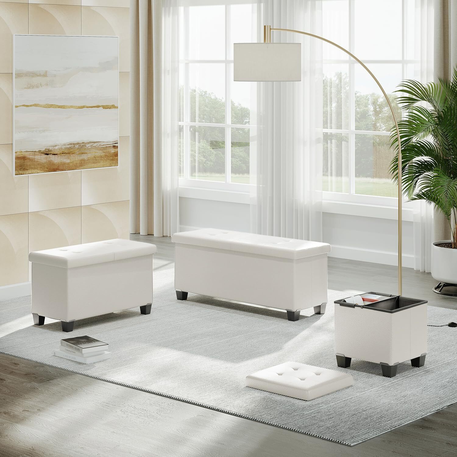 Storage Ottoman Cube with Bin, 15-In Square 15 Inch, White Leather