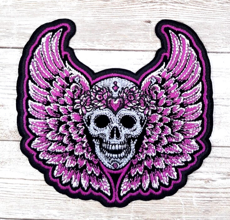 Skull With Pink Wings & Heart  Iron On Embroidered Patch 4" X 3 3/4"