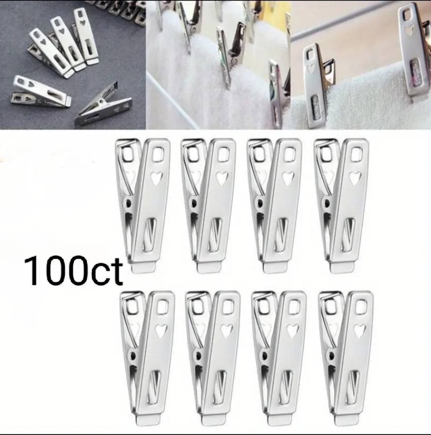 100 pk Stainless Steel Clothes Pin Laundry Hanger Clips