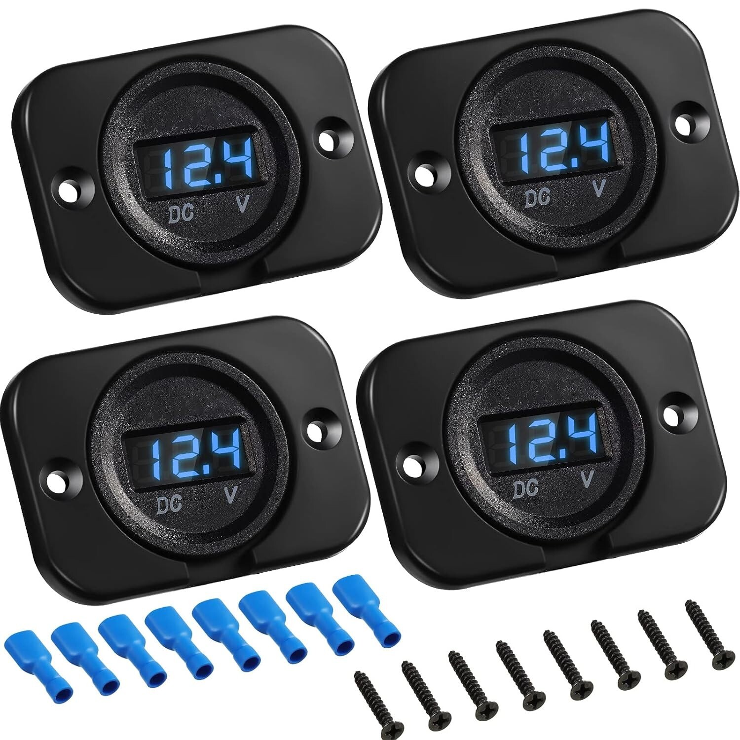 4 Pieces Blue Dc 12v 24v Voltage Meter LED Digital Waterproof Panel W/ Terminals