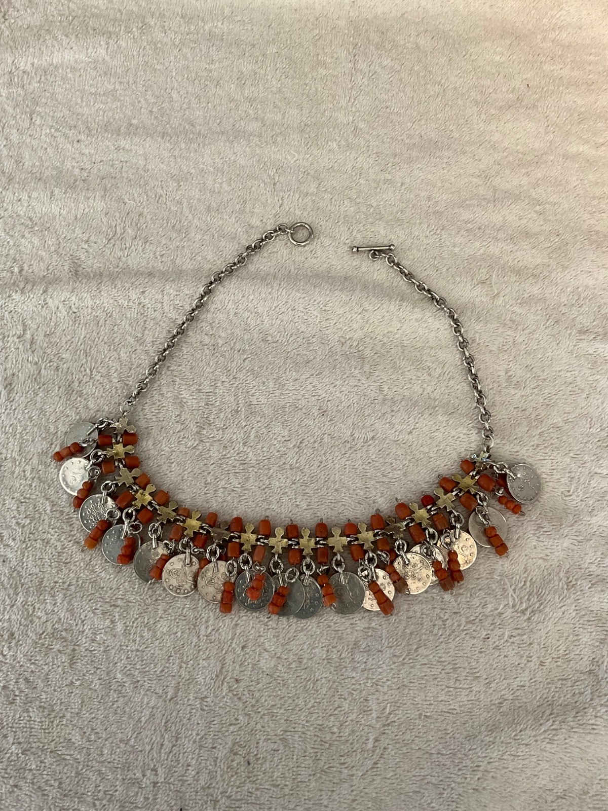 Ottoman Empire Sterling Silver Necklace With 2Kurus coins and coral
