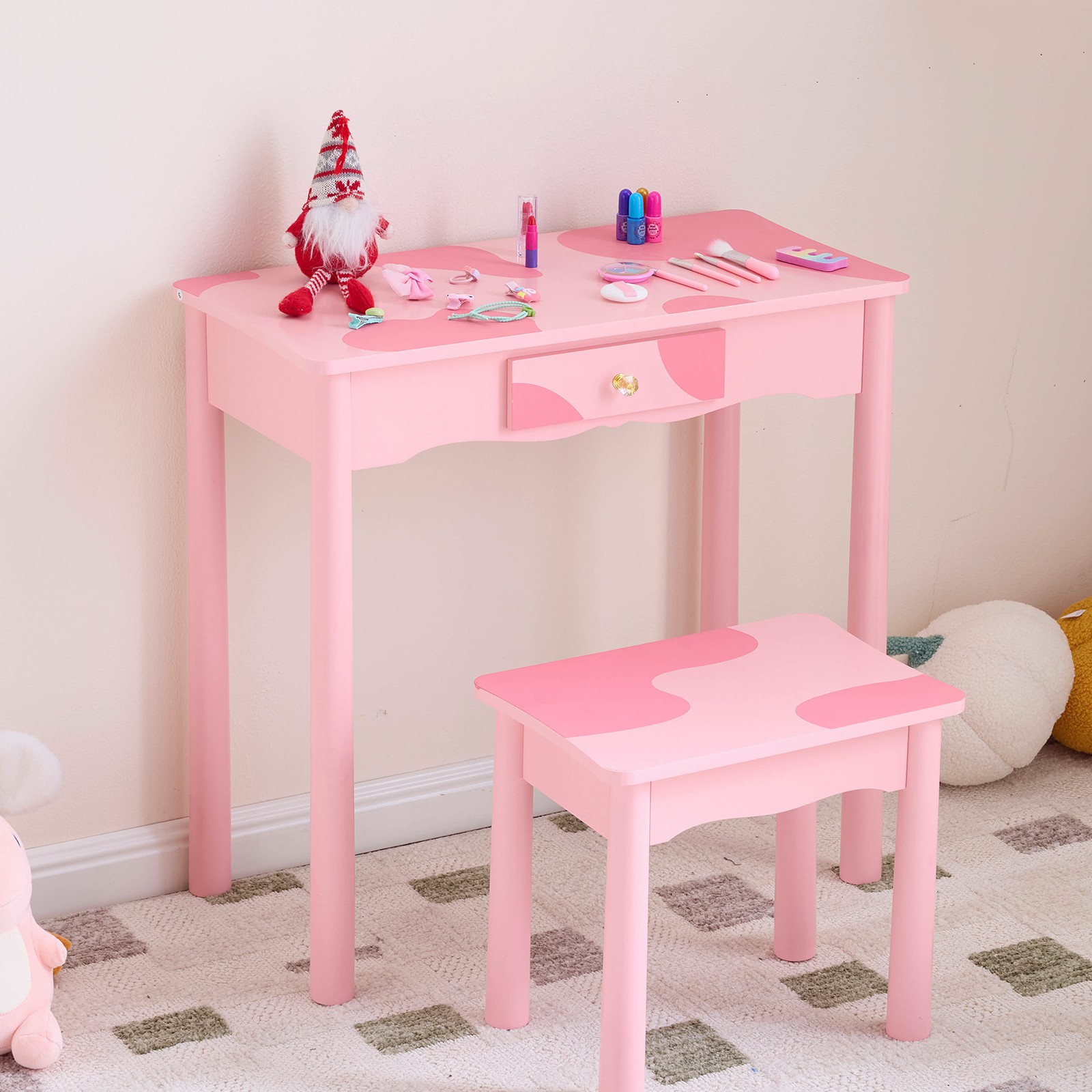 Pink Zebra Pattern Makeup Table with Solid Wood Base - Statement Dressing Statio