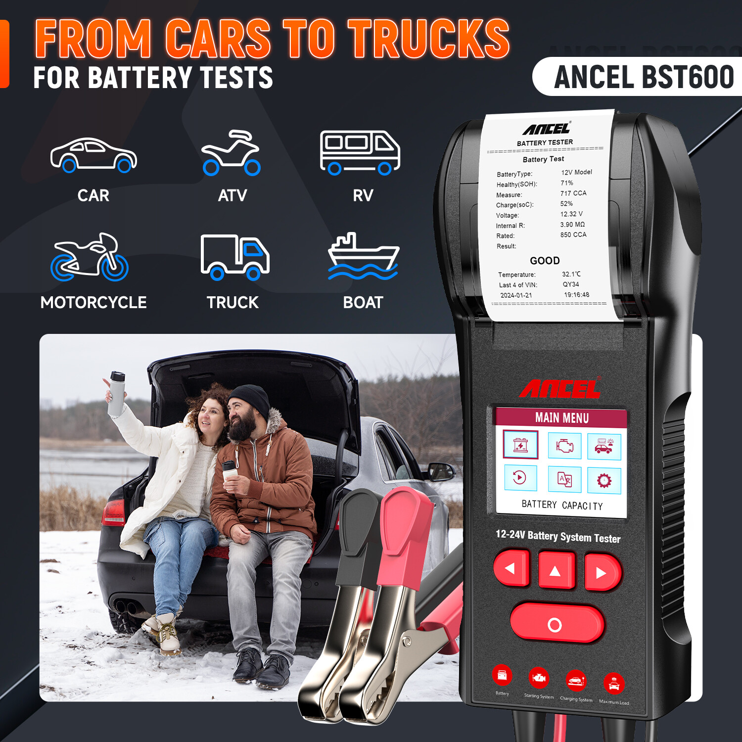 ANCEL BST600 Car Battery Tester with Printer - 12V/24V, 100-2000 CCA, Black