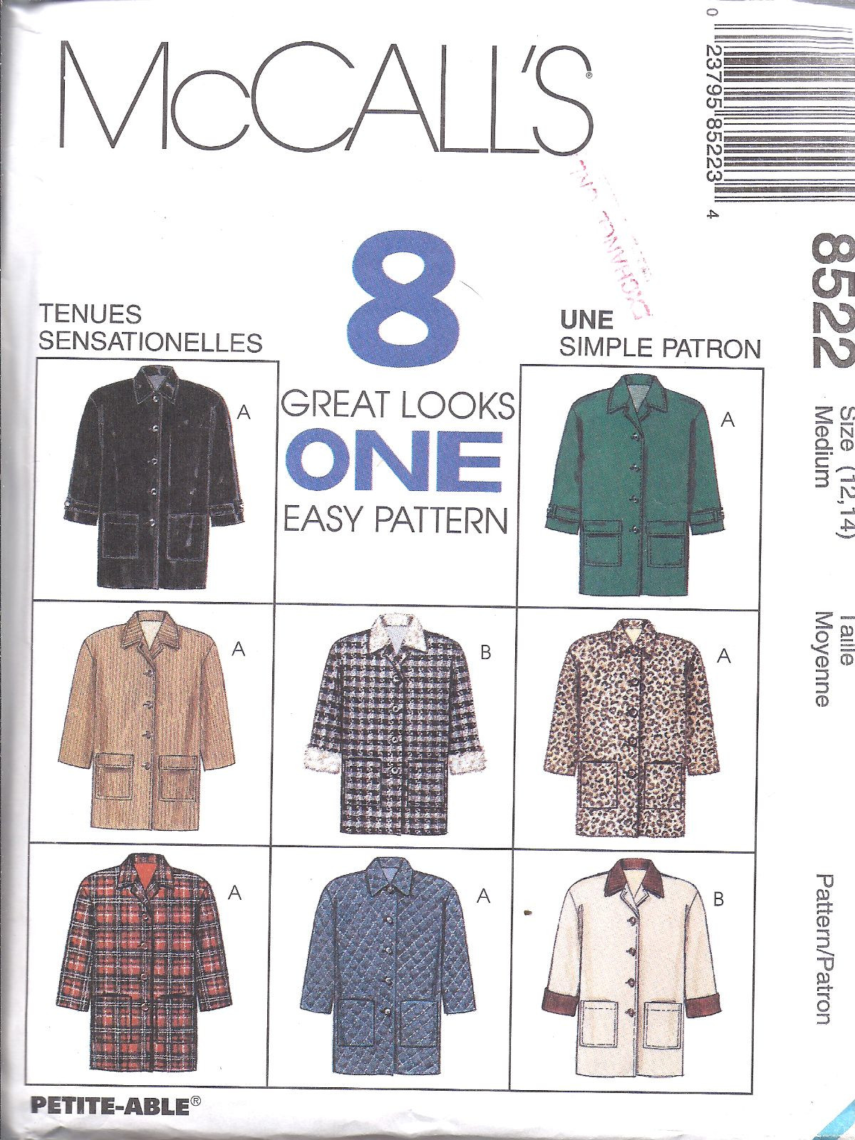 8522 UNCUT McCalls SEWING Pattern Loose Fitting Lined Jacket Easy 8 Great Looks