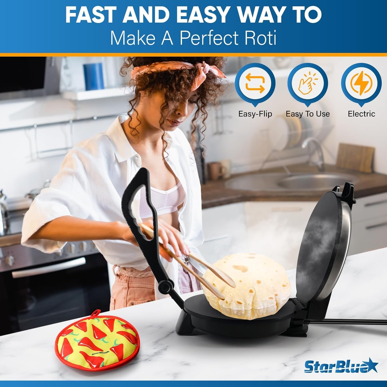 Electric Roti Maker 10-Inch - Includes Roti Warmer, Removable Handle, Easy Use