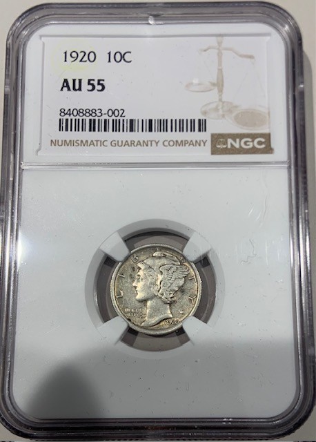 1920 Silver Mercury Dime 10C - NGC AU55 - Great Bargain!