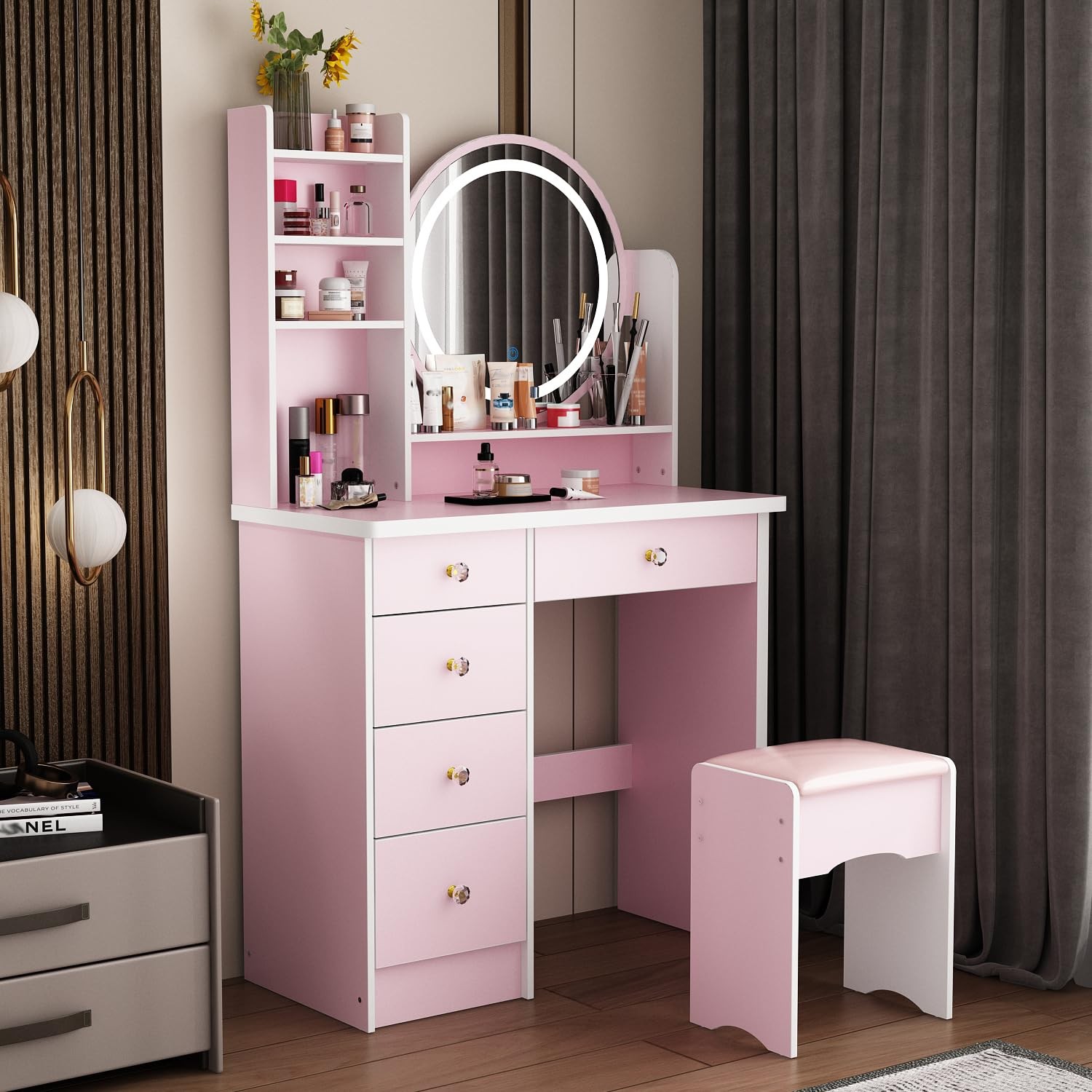 Vanity Desk with LED Lighted Round Mirror 5 Drawers Storage Shelves Stool Pink