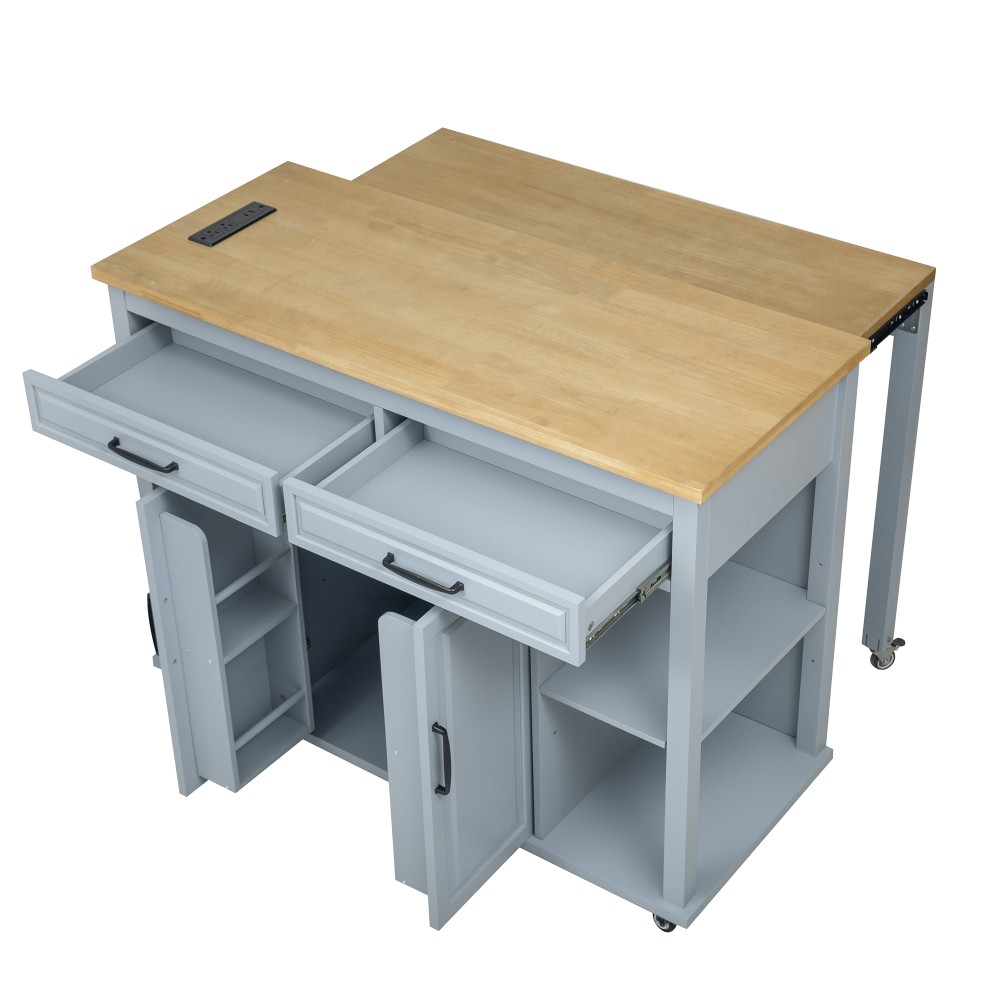 47-inch Kitchen Island w/ Extendable Table, Storage, Outlet - Grey Blue