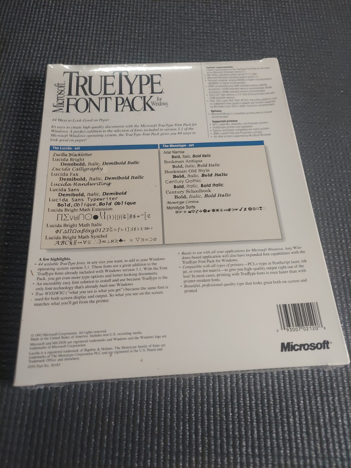Microsoft TrueType Font Pack for Windows 44 Fonts Sealed New