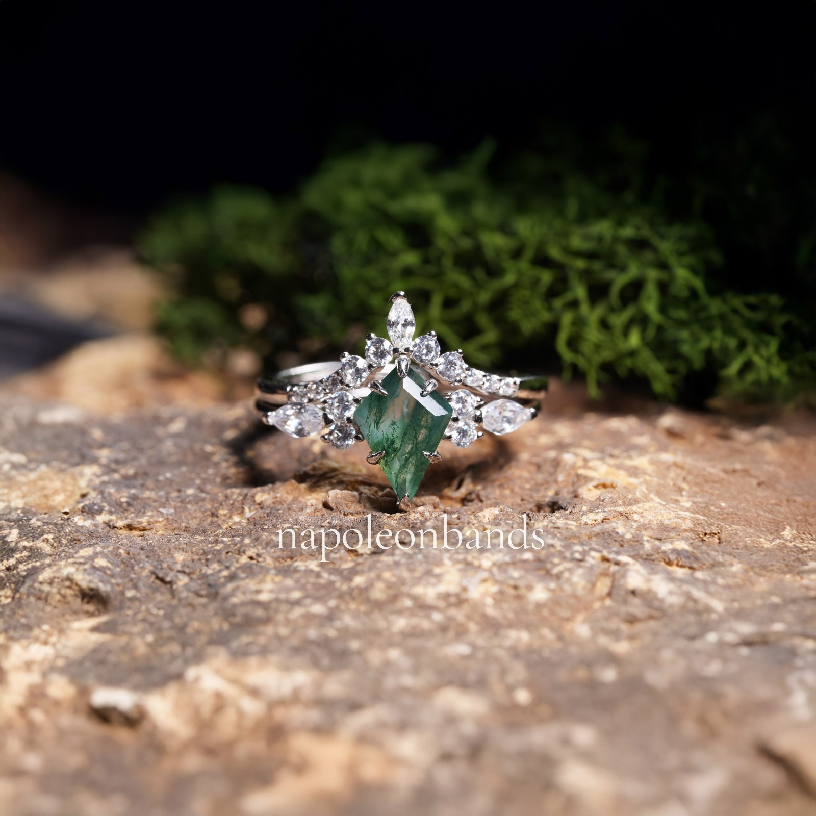 Kite Cut Green Moss Agate Ring Sterling Silver, Stackable Engagement Ring