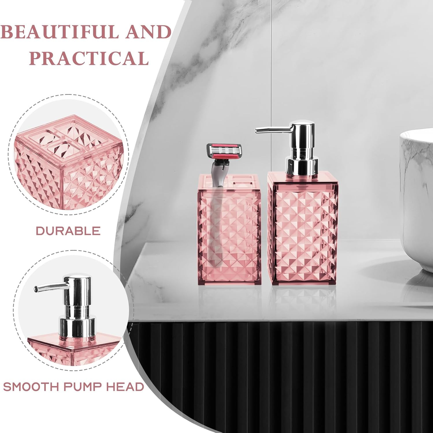 Pink Bathroom Accessories Set, 2-Piece Soap Dispenser & Toothbrush Holder