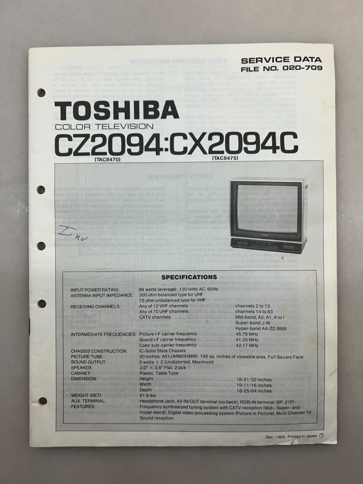 Toshiba CZ2094 CX2094C Original Service Manual Free Shipping