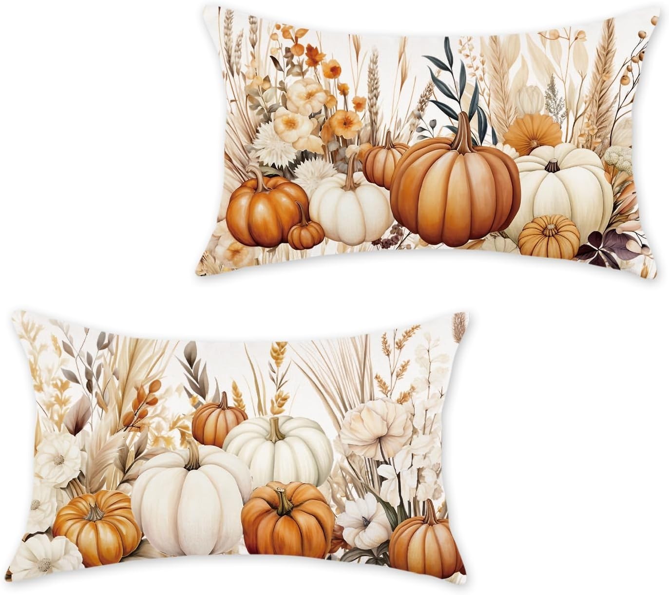 Fall Pumpkins Pillow Covers 12X20" Set of 2 Pumpkin Floral Decorative Pillowcase