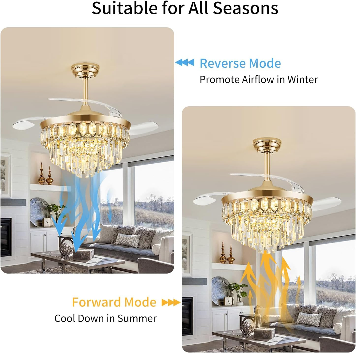Gold 42" Retractable Ceiling Fan with LED Light & 6 Speed Settings