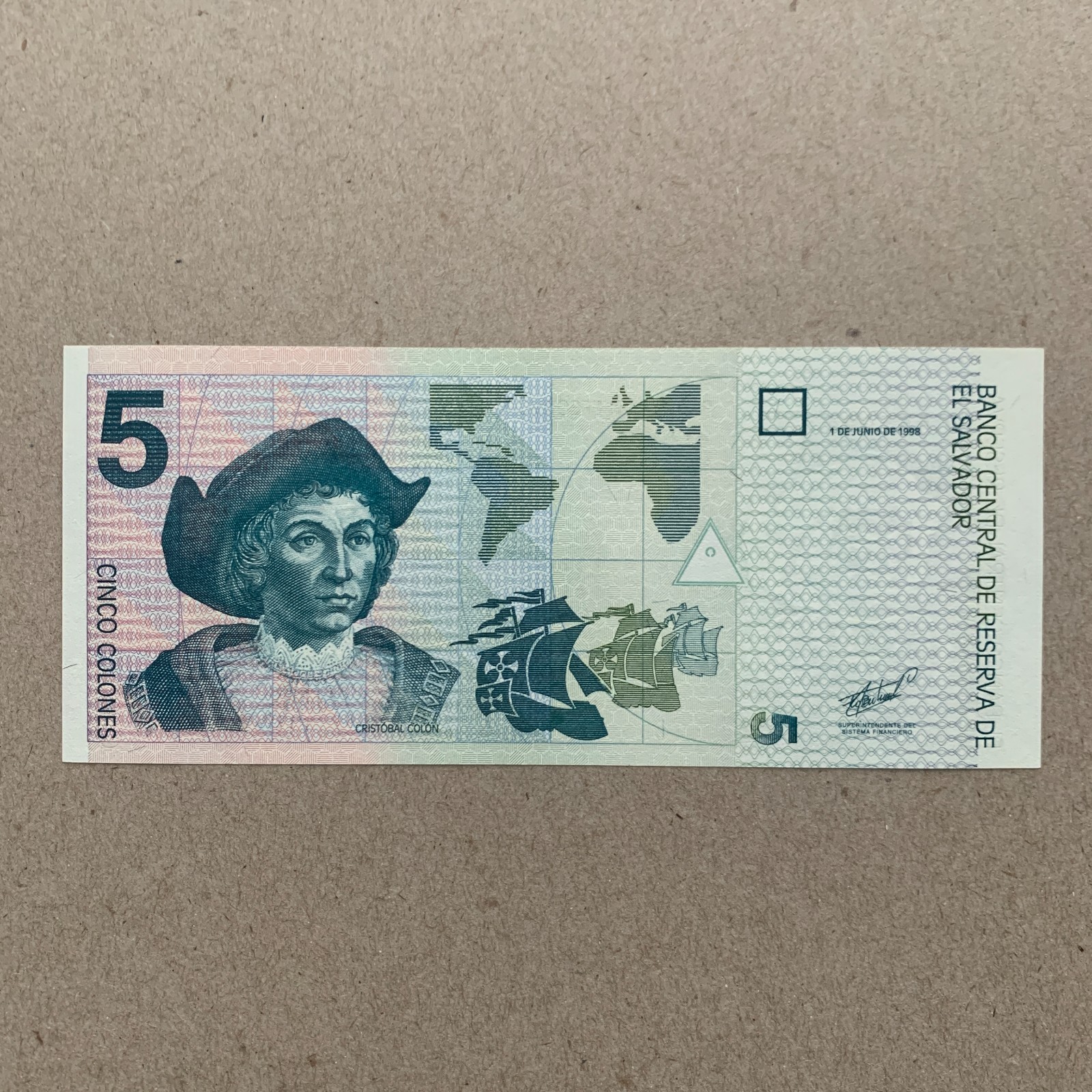El Salvador 5 Colones Banknote 1998 San Salvador Currency