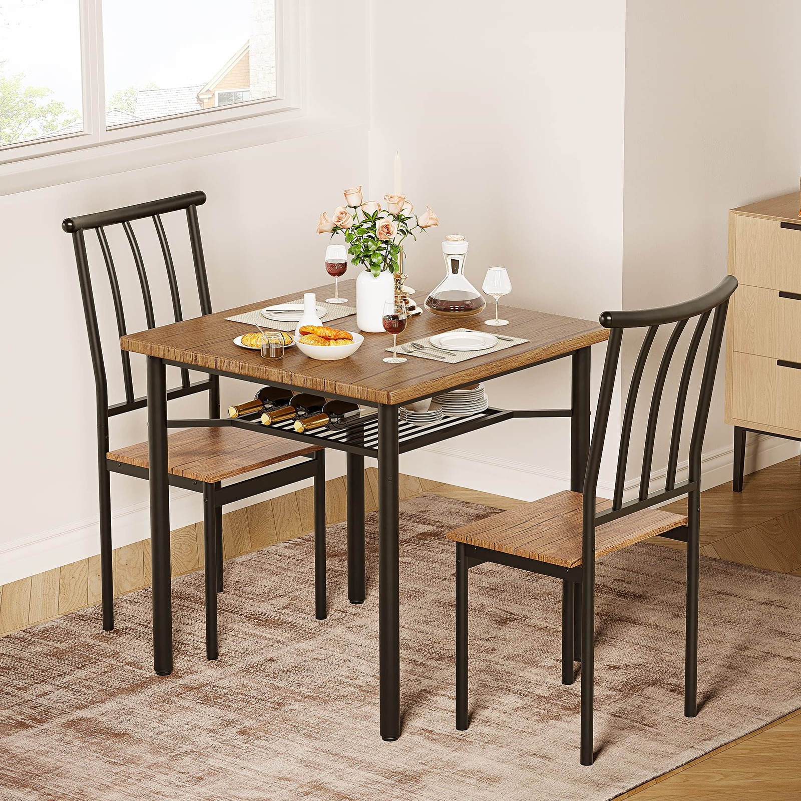 Garvee 3pcs Dining Table & Chairs set Square Wine Rack Small Space Apartment
