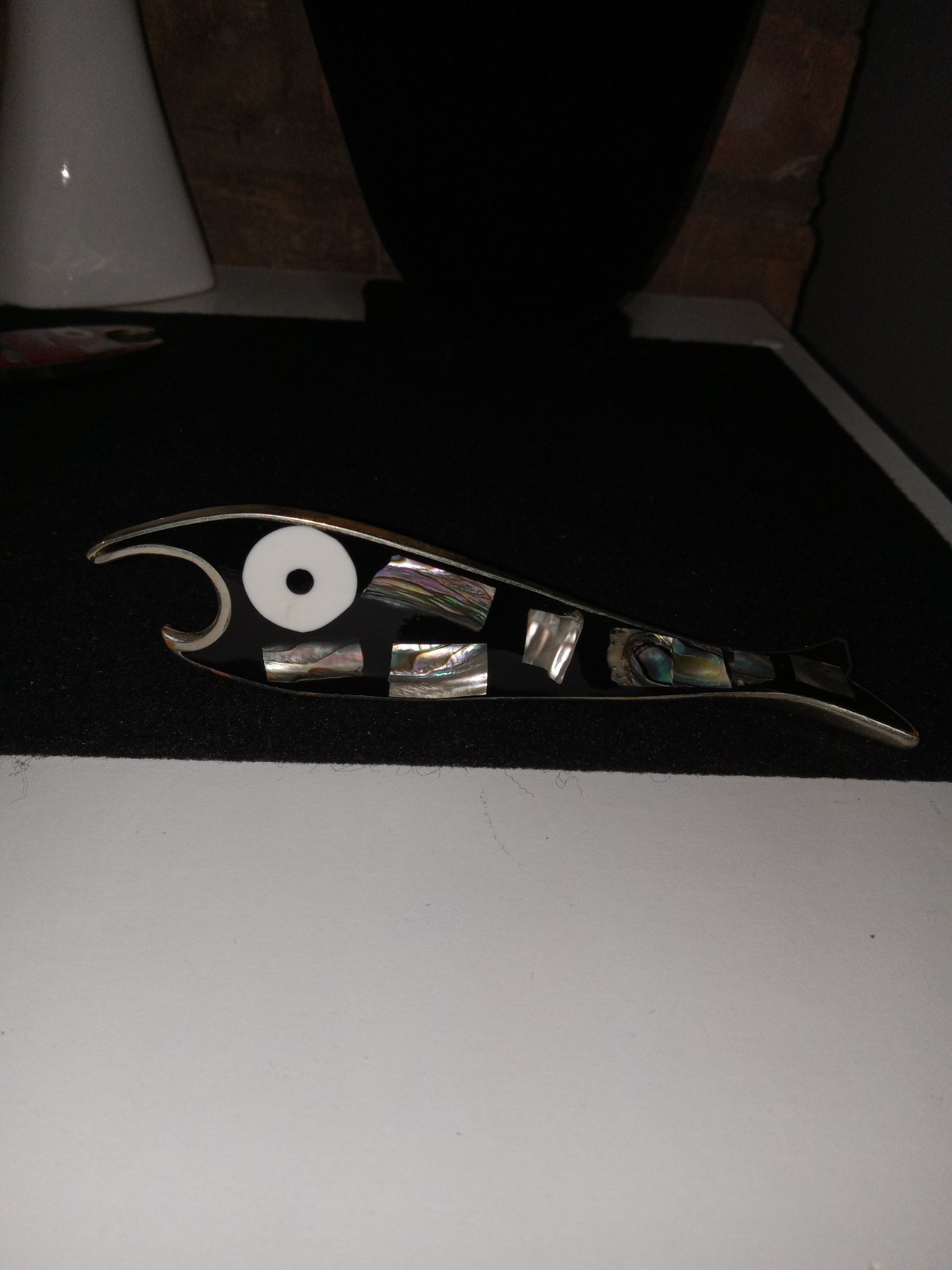 Vintage Abalone Fish Bottle Opener Alpaca Silver Frame Mid Century Modern Black
