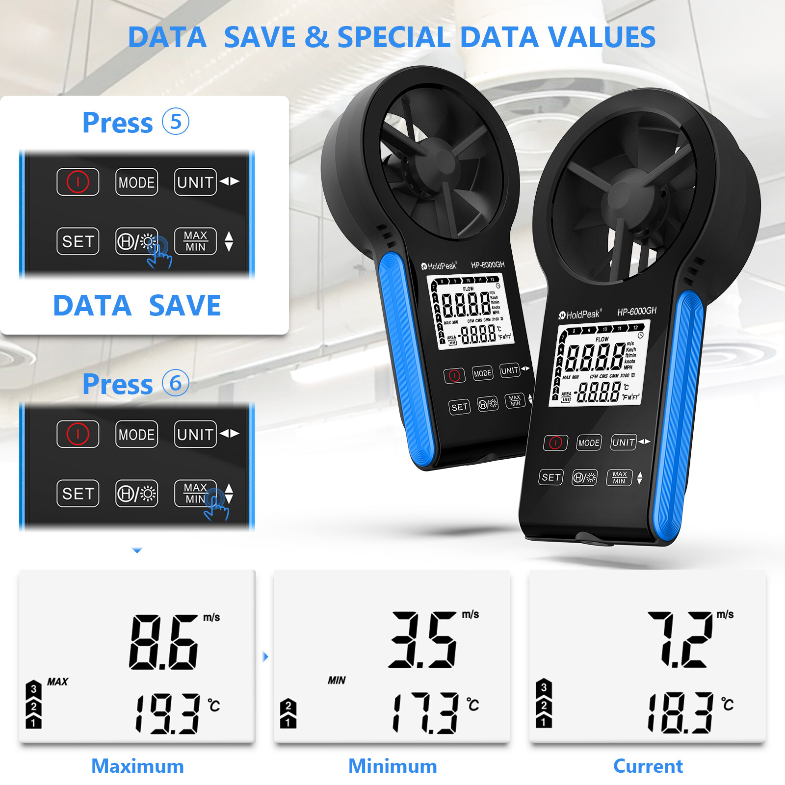 6.61" LCD CFM Anemometer Measures Wind Speed Wind Flow Meter for HVAC Air Flow