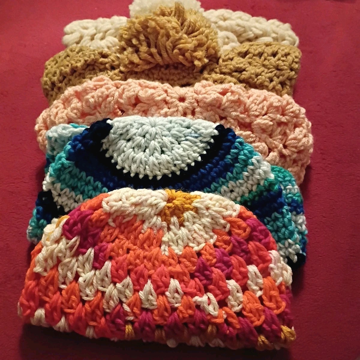Lot of 5 Handmade Crochet Winter  Hats Unisex 5pcs Warm Homely Granny's Love