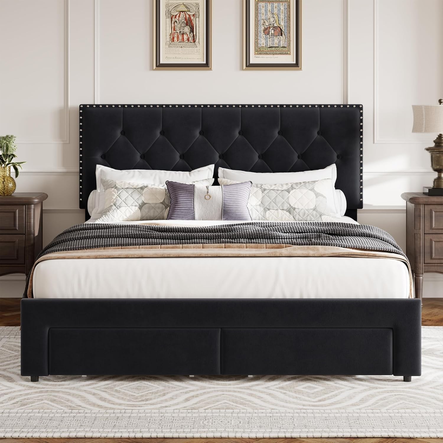 Full Size Bed Frame ,Velvet Upholstered Platform Bed Frame w/ 2 Storage Drawer