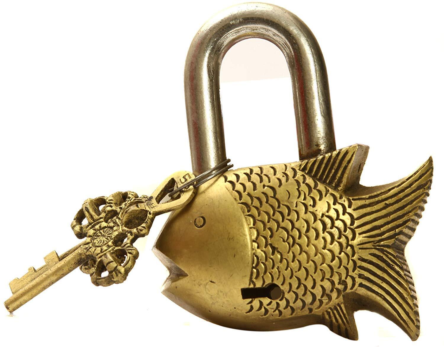Handmade Old Vintage Style Antique Small Fish Shape Brass Security Lock with 2 K