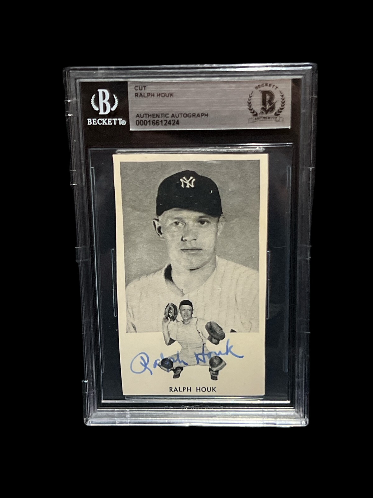 RALPH HOUK NEW YORK YANKEES SIGNED VINTAGE CUT AUTOGRAPH 2X4 BECKETT BAS COA