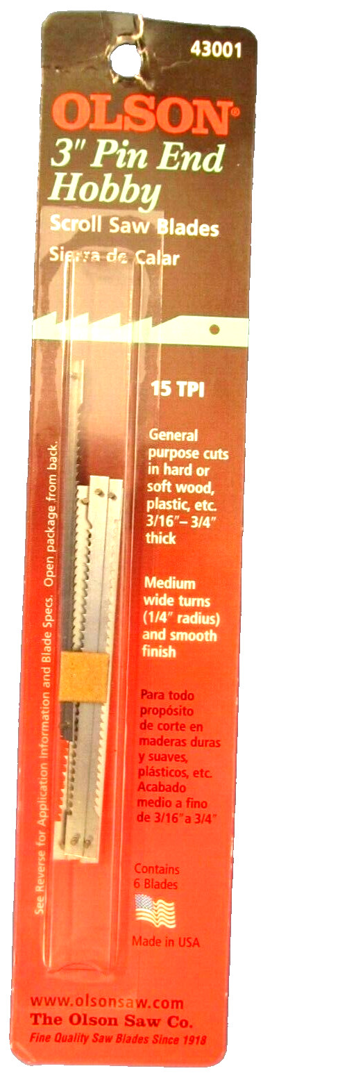 Olson 3" Carbon Steel Scroll Saw Blade Pin End Hobby blade 15 TPI 6 pk #43001
