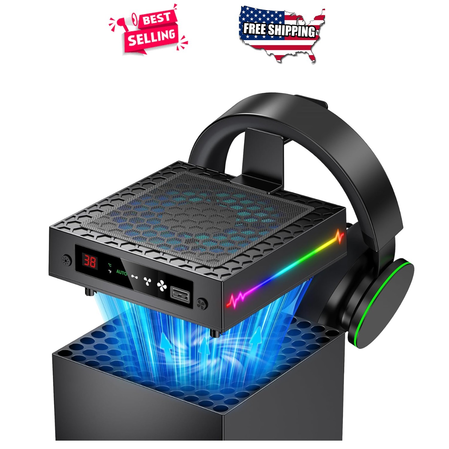 Xbox Series X Cooling Fan with LED Temperature Display RGB Light USB Hub Head...