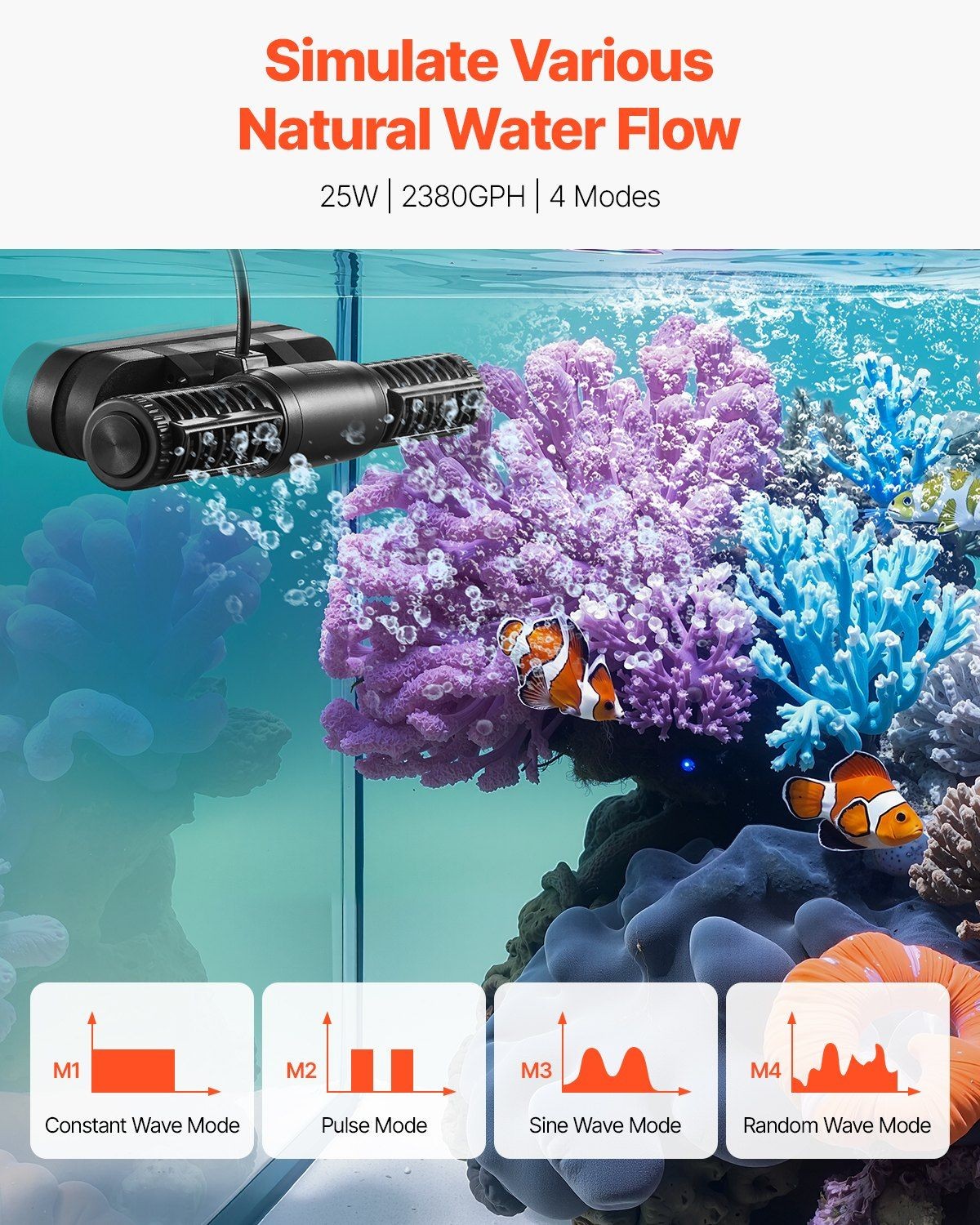 Digital 25W 2380GPH Aquarium Wave Maker with Adjustable Flow Pump