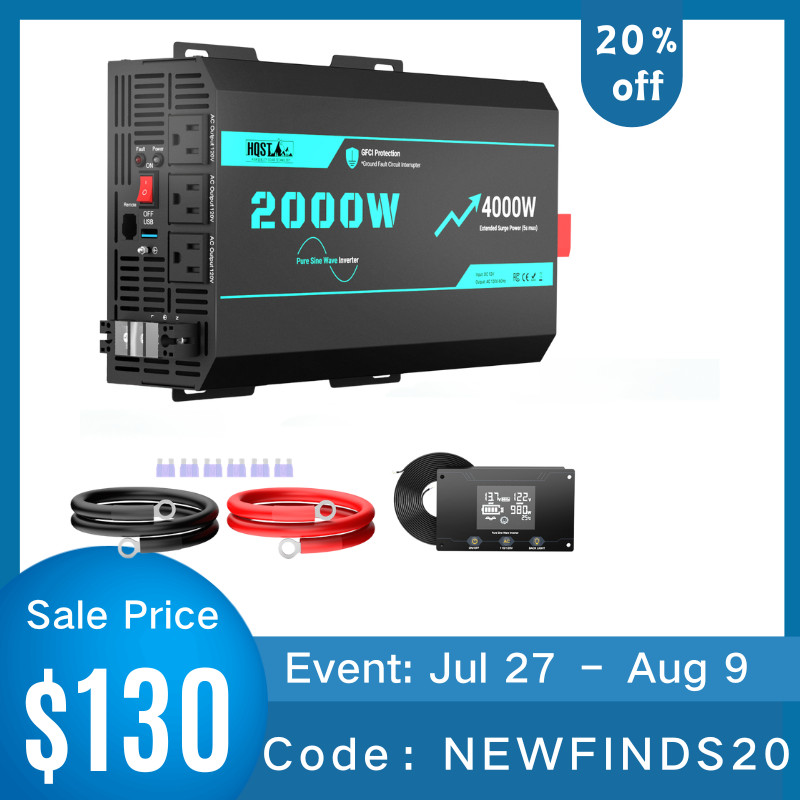 HQST 2000W Pure Sine Wave Inverter 12V DC to 120V AC Converter for RV Marine