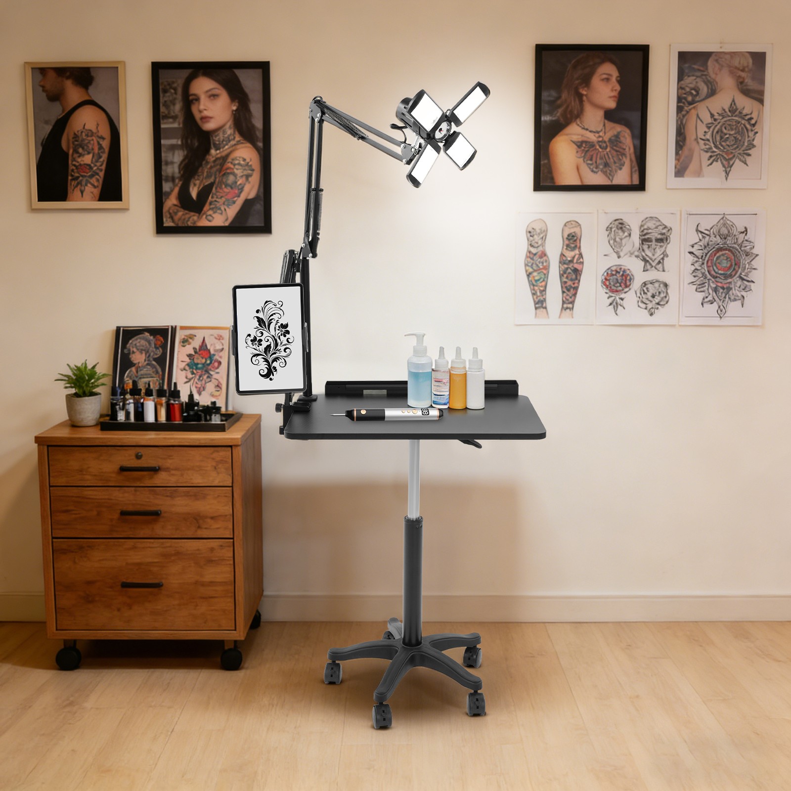 Black Salon Rolling Workstation With Led Light Adjustable Height Workstation