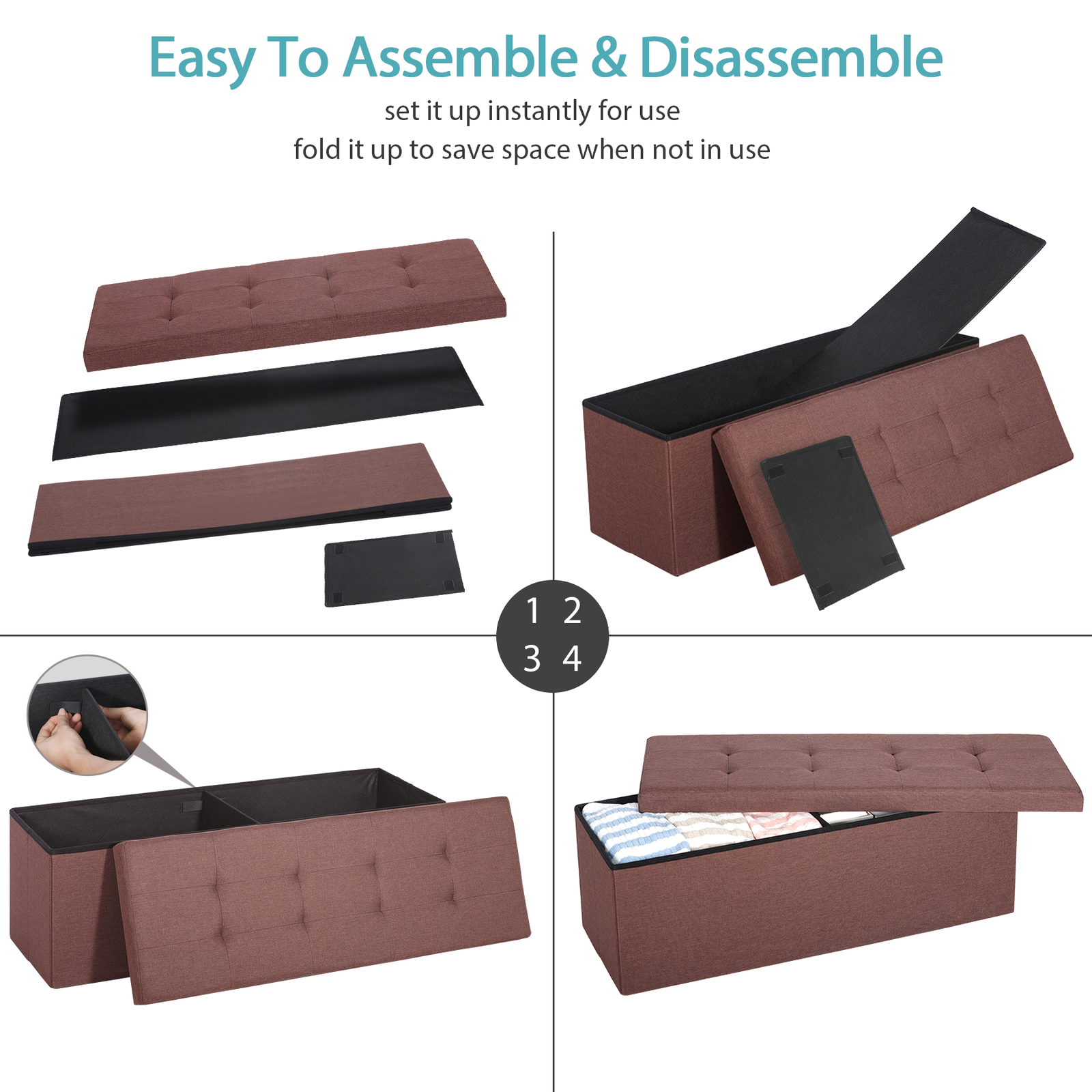 43" Folding Ottoman Bench Storage Organizer Chest Footrest Stool W/Divider Brown