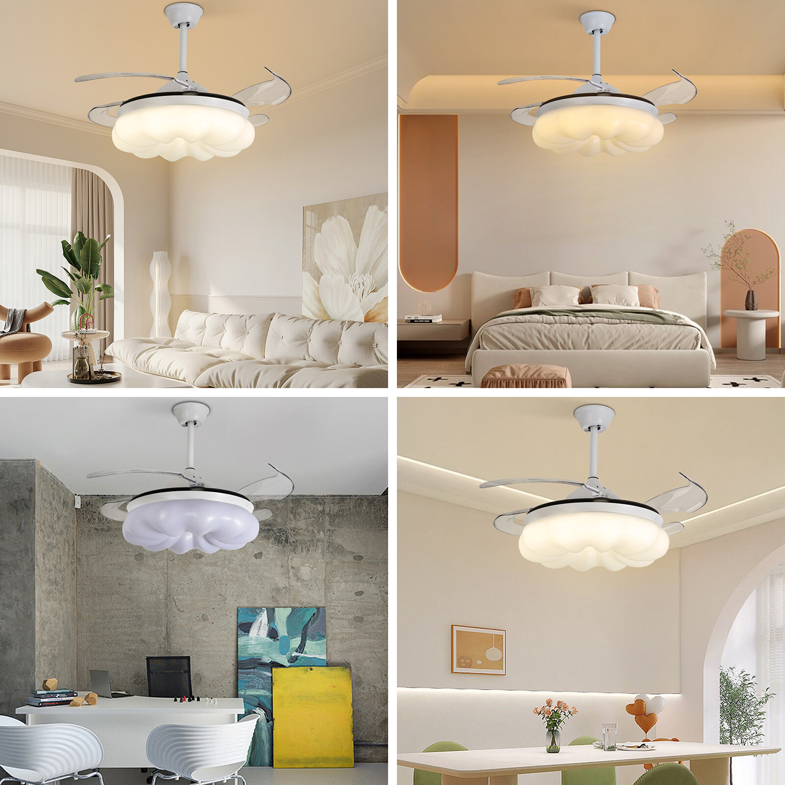 42In LED Arcs Cloud Shape 4 Blades Retractable Ceiling Fan Light+Remote Control
