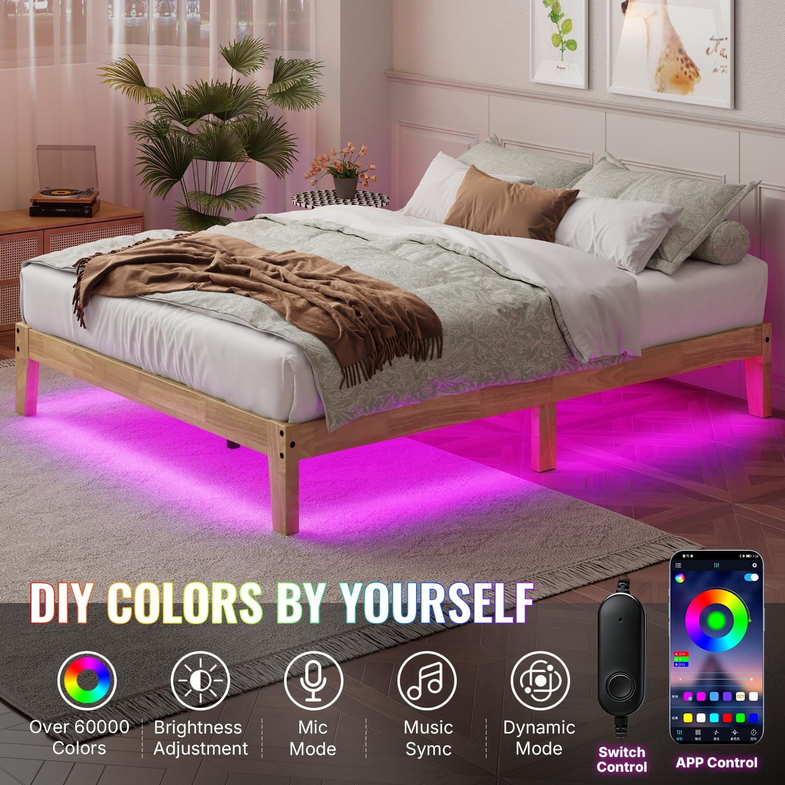 Full Size Solid Wood Platform Bed with Led Light - Noise-Free Design with Met...