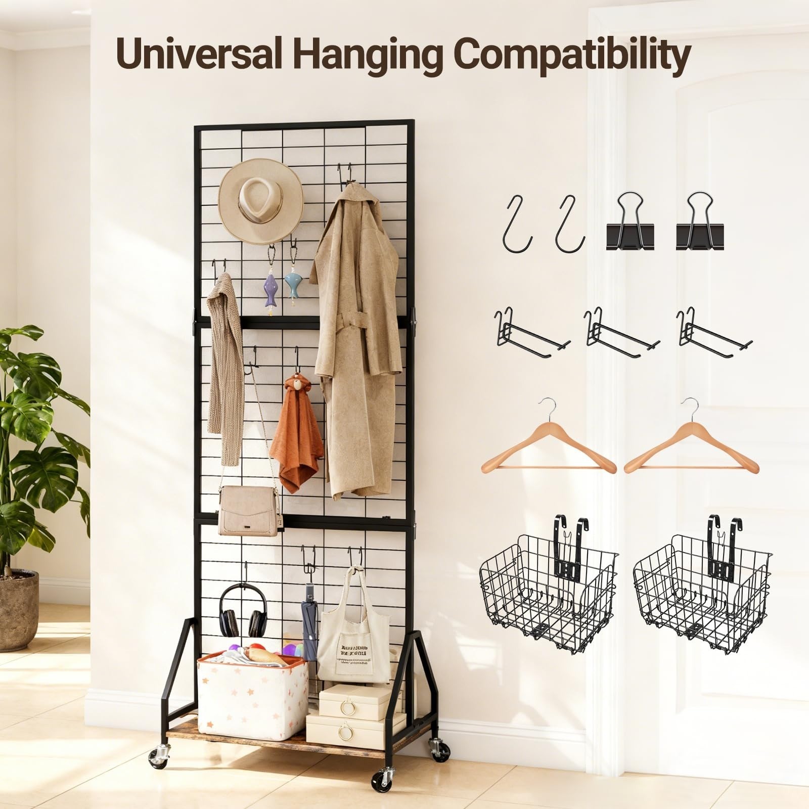 ELYKEN Foldable Grid Wall Panels Display Rack with Wheels & Storage Shelf