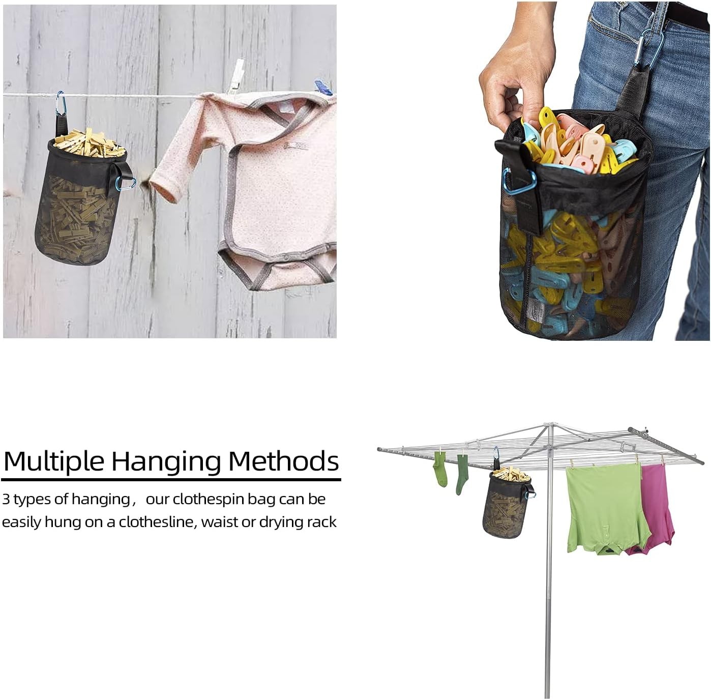 Mesh Clothespin Bag Holder Outside, Multiple Hanging Methods Clothes Pin Bag wit