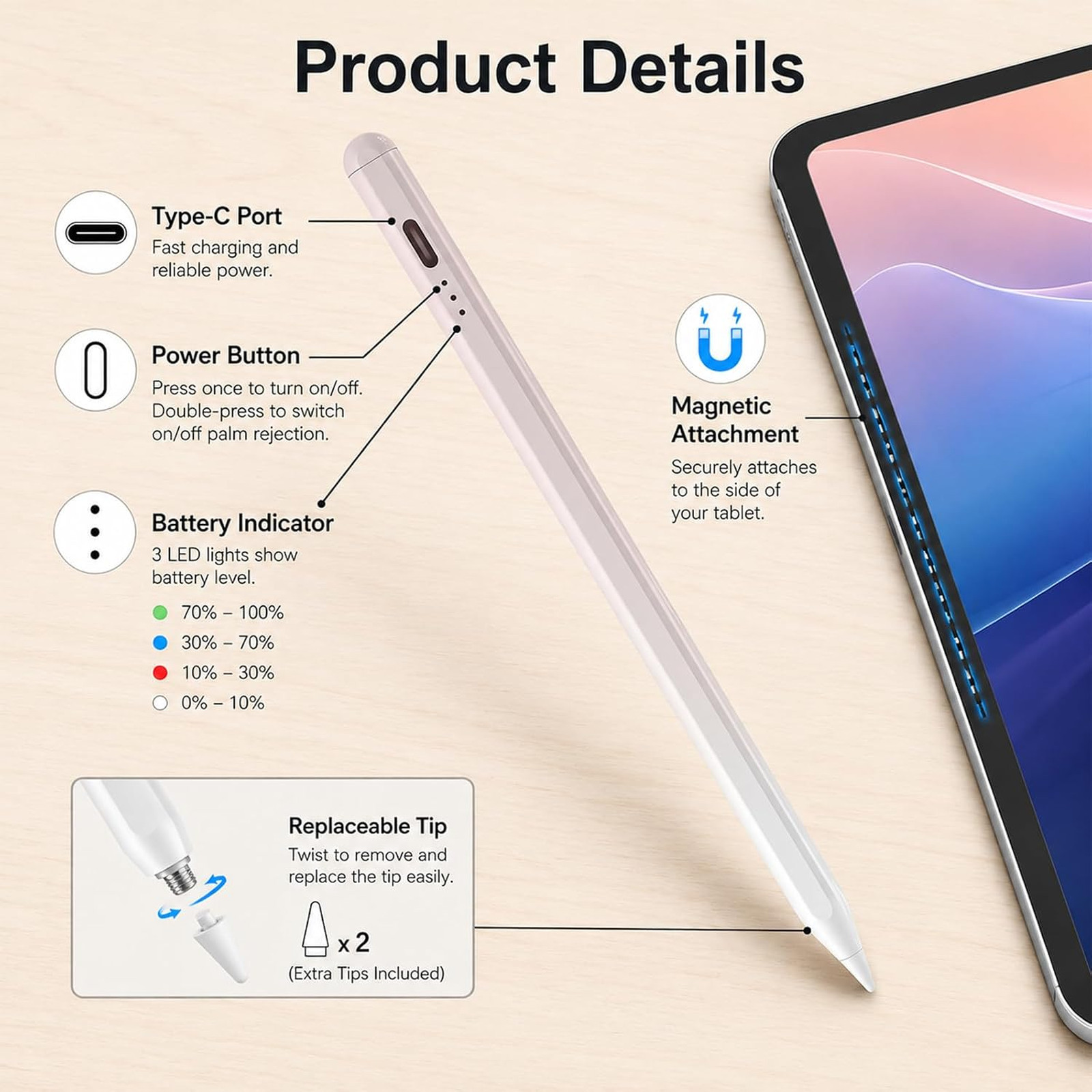 Rechargeable Stylus Pen for iOS Android Devices, Active Touchscreen Pencil for
