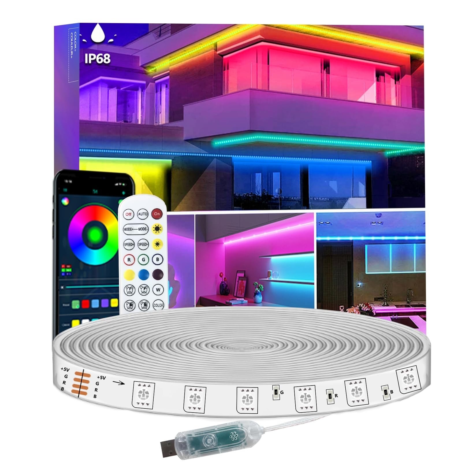 50FT LED Strip Lights Waterproof Music Sync Bluetooth Remote Control
