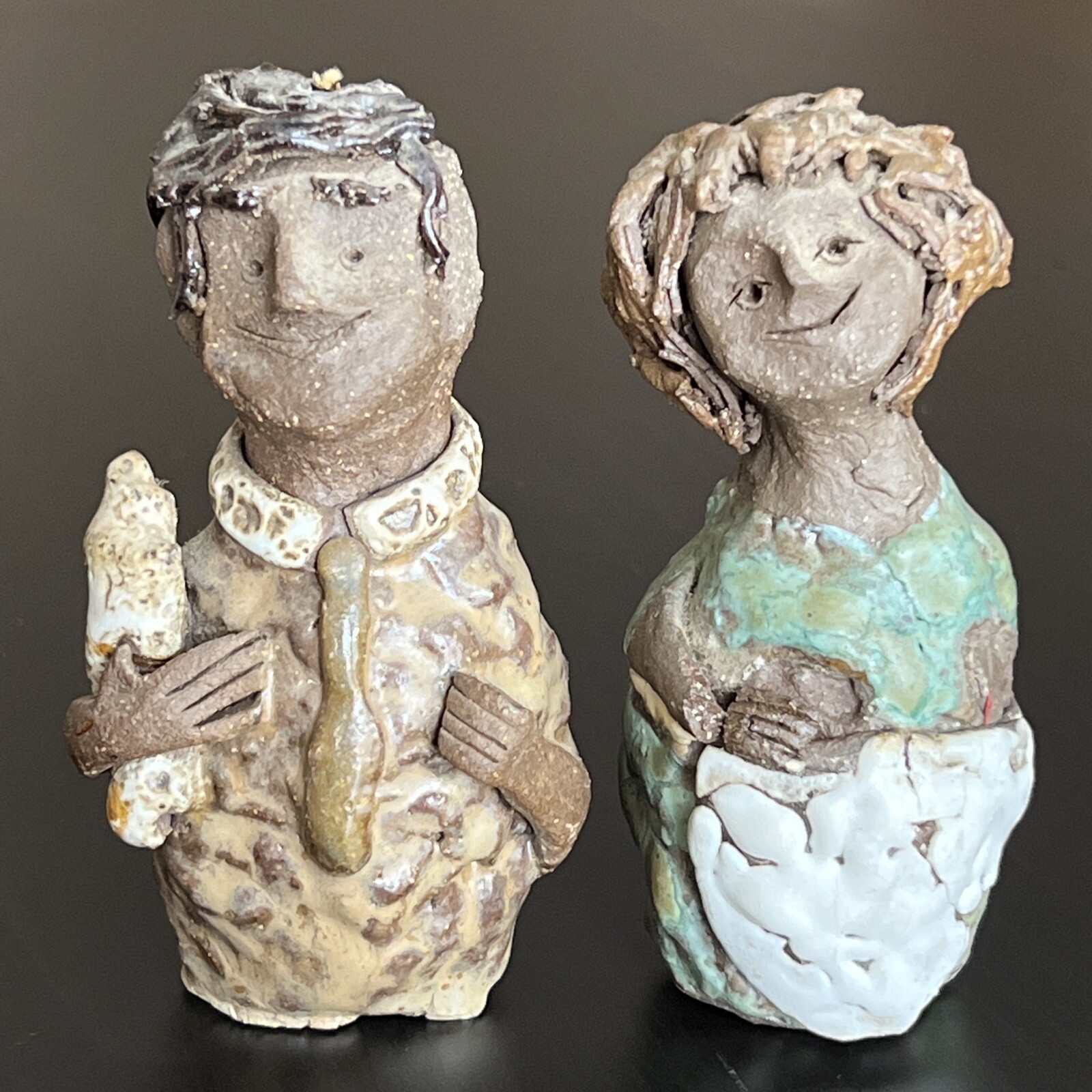 Pottery Sculpture ~ Folk Art, Man 4 3/8” H Woman 4 1/8” H Couple