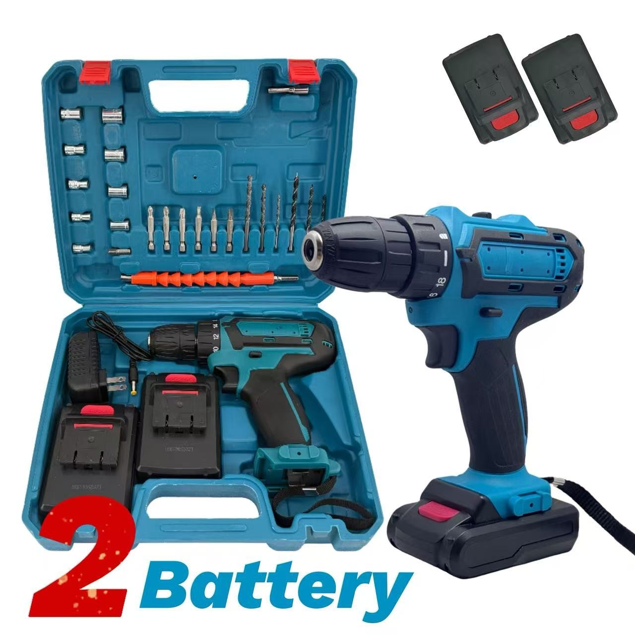 Portable Cordless Drill Driver Set 2 Batteries Electric Power,Blue