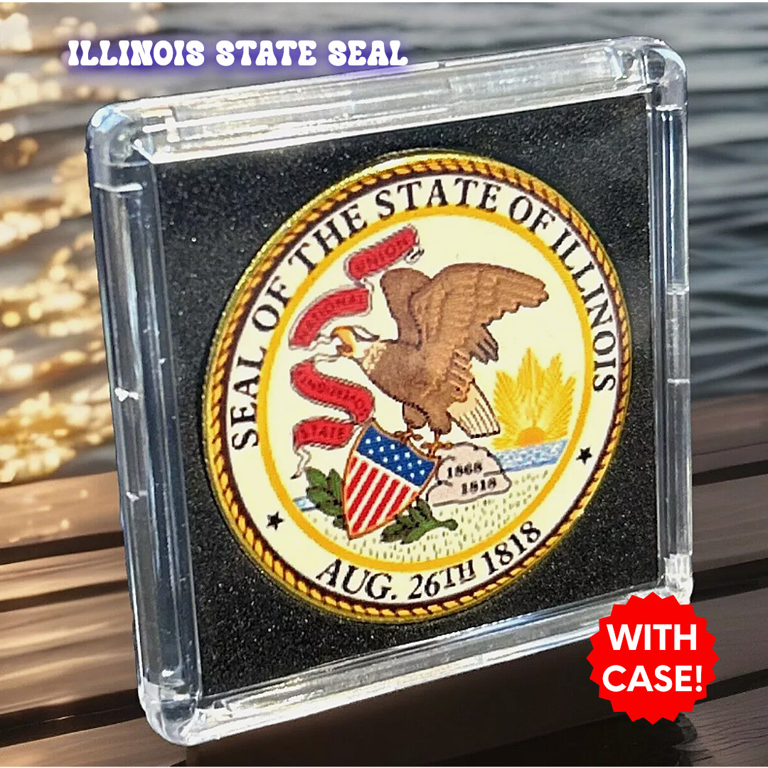 ILLINOIS State Seal 1818 Colorized Collectible Challenge Coin w Display Case!